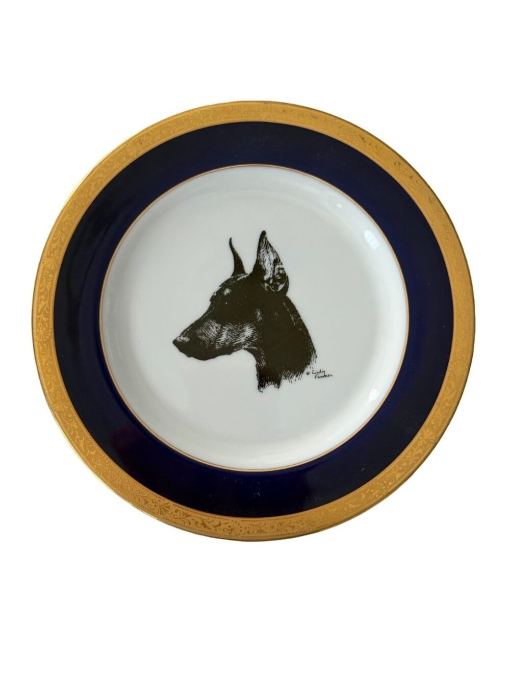Rosalinde Doberman Pinscher Dessert Plate Cindy Farmer Cobalt Blue Gold Trim Por